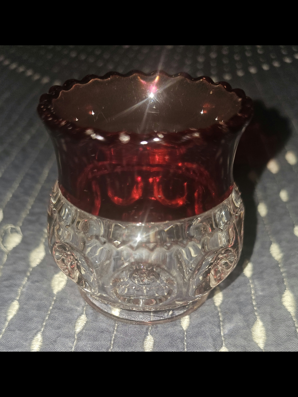 VINTAGE KINGS CROWN RUBY STAIN THUMBPRINT TOOTHPICK HOLDER 2 1/2'' TALL